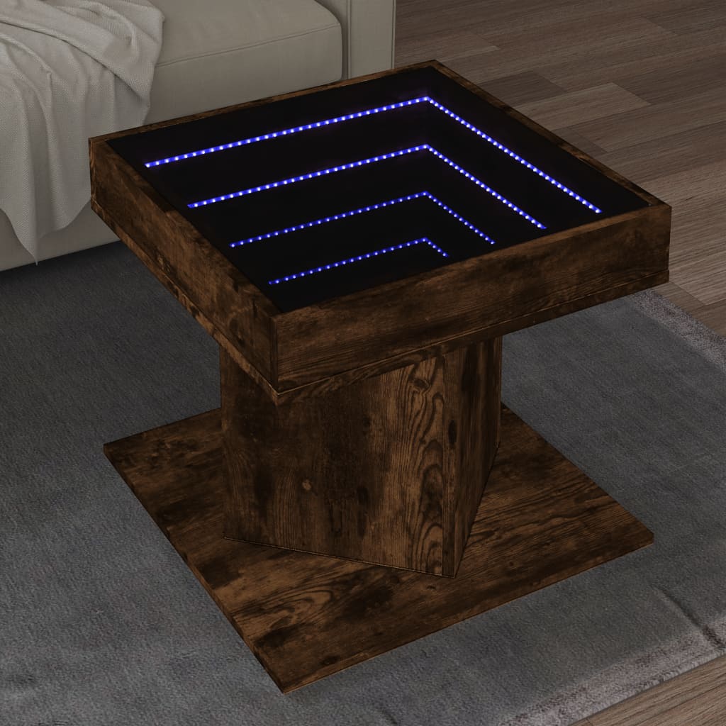 Vetonek Mesa de centro y LED madera ingeniería roble ahumado 50x50x45cm