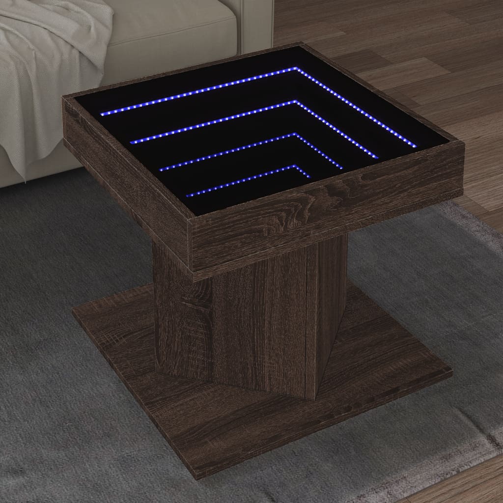 Vetonek Mesa de centro y LED madera ingeniería marrón roble 50x50x45 cm