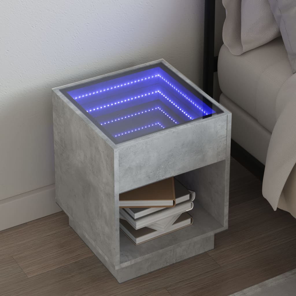 Vetonek Mesita de noche con Infinity LED gris hormigón 40x40x50 cm