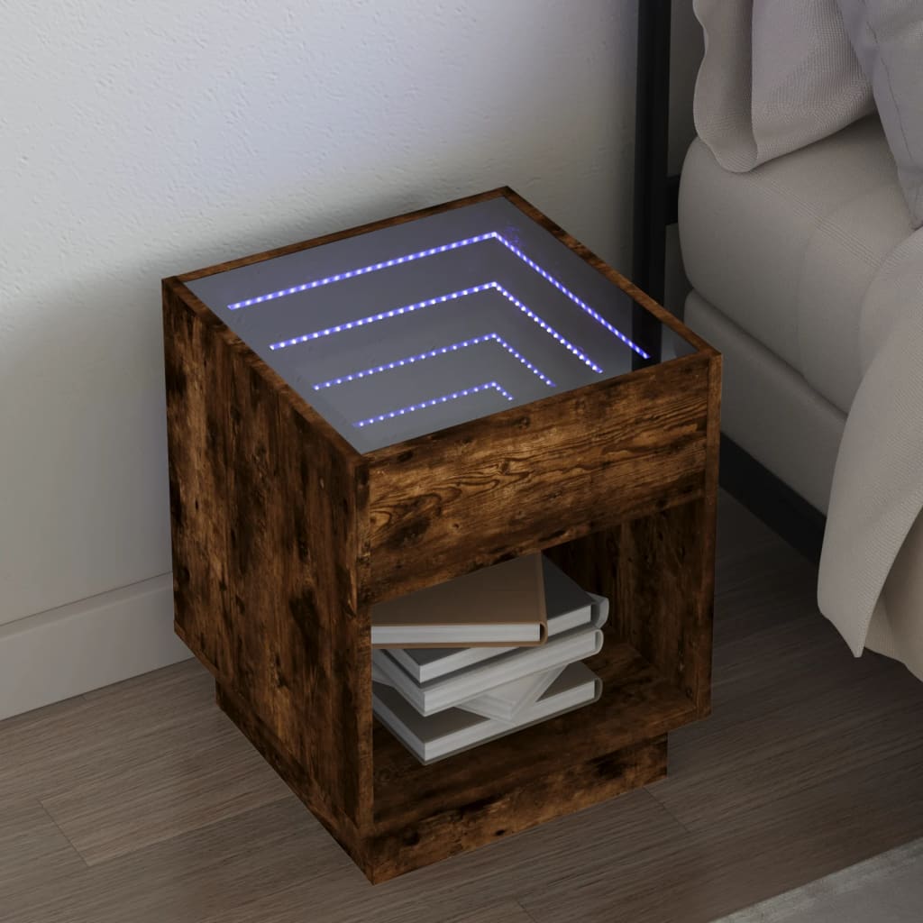 Vetonek Mesita de noche con Infinity LED marrón roble 40x40x50 cm