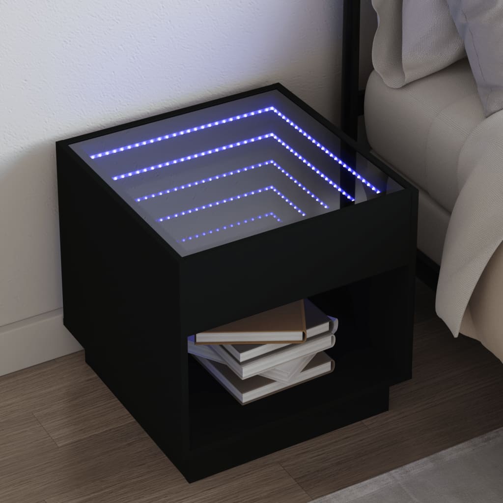 Vetonek Mesita de noche con Infinity LED negra 50x50x50 cm