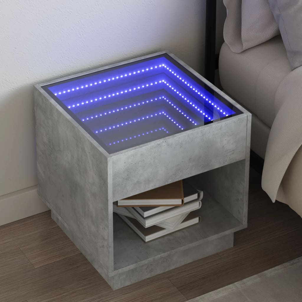 Vetonek Mesita de noche con Infinity LED gris hormigón 50x50x50 cm