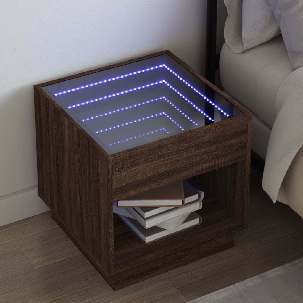 Vetonek Mesita de noche con Infinity LED marrón roble 50x50x50 cm