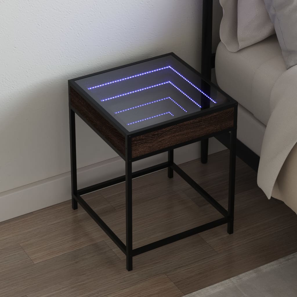 Vetonek Mesita de noche con Infinity LED marrón roble 40x40x51 cm