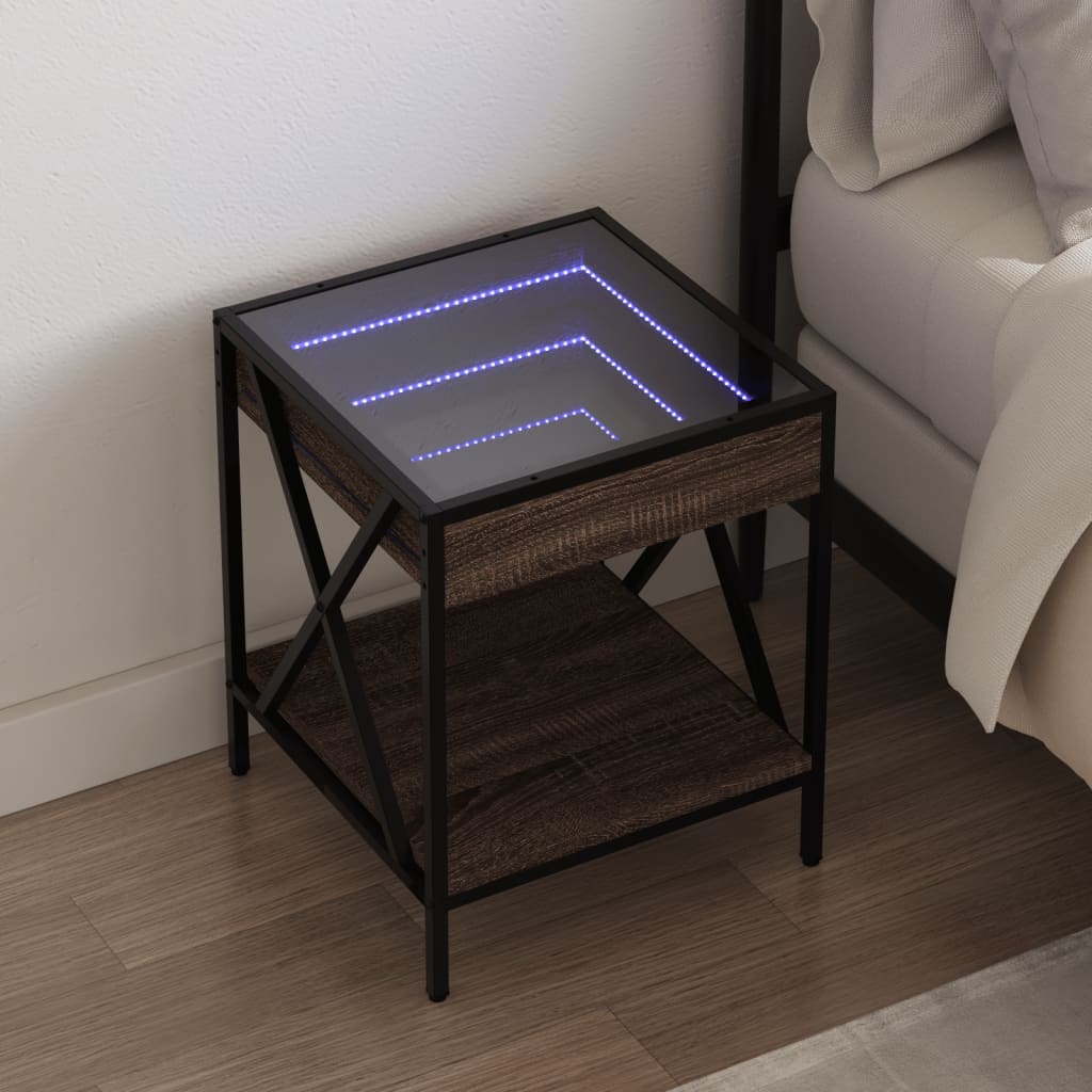 Vetonek Mesita de noche con Infinity LED marrón roble 40x40x49 cm