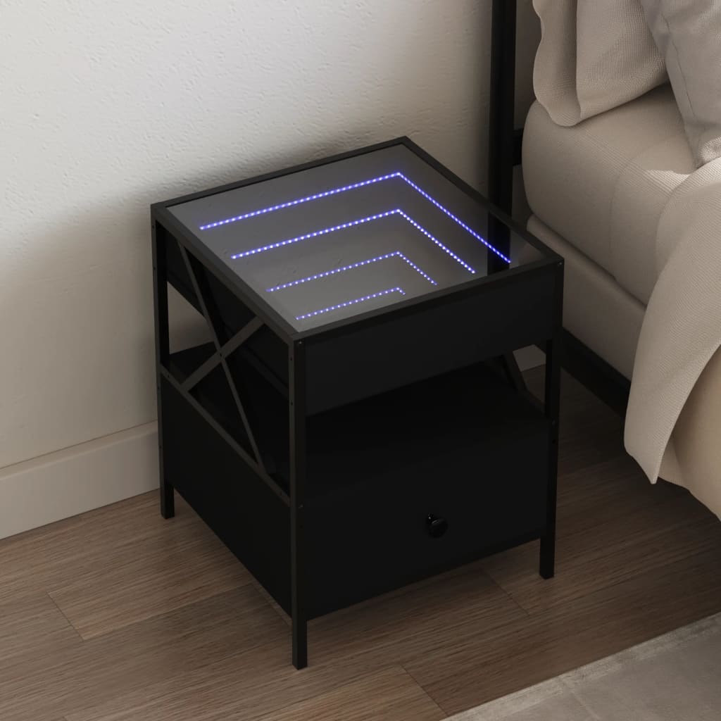 Vetonek Mesita de noche con Infinity LED negra 40x40x51 cm