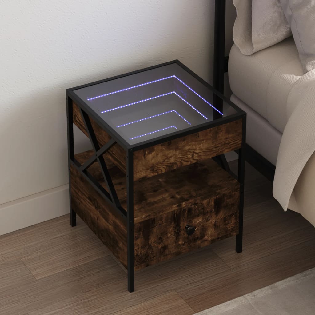 Vetonek Mesita de noche con Infinity LED roble ahumado 40x40x51 cm