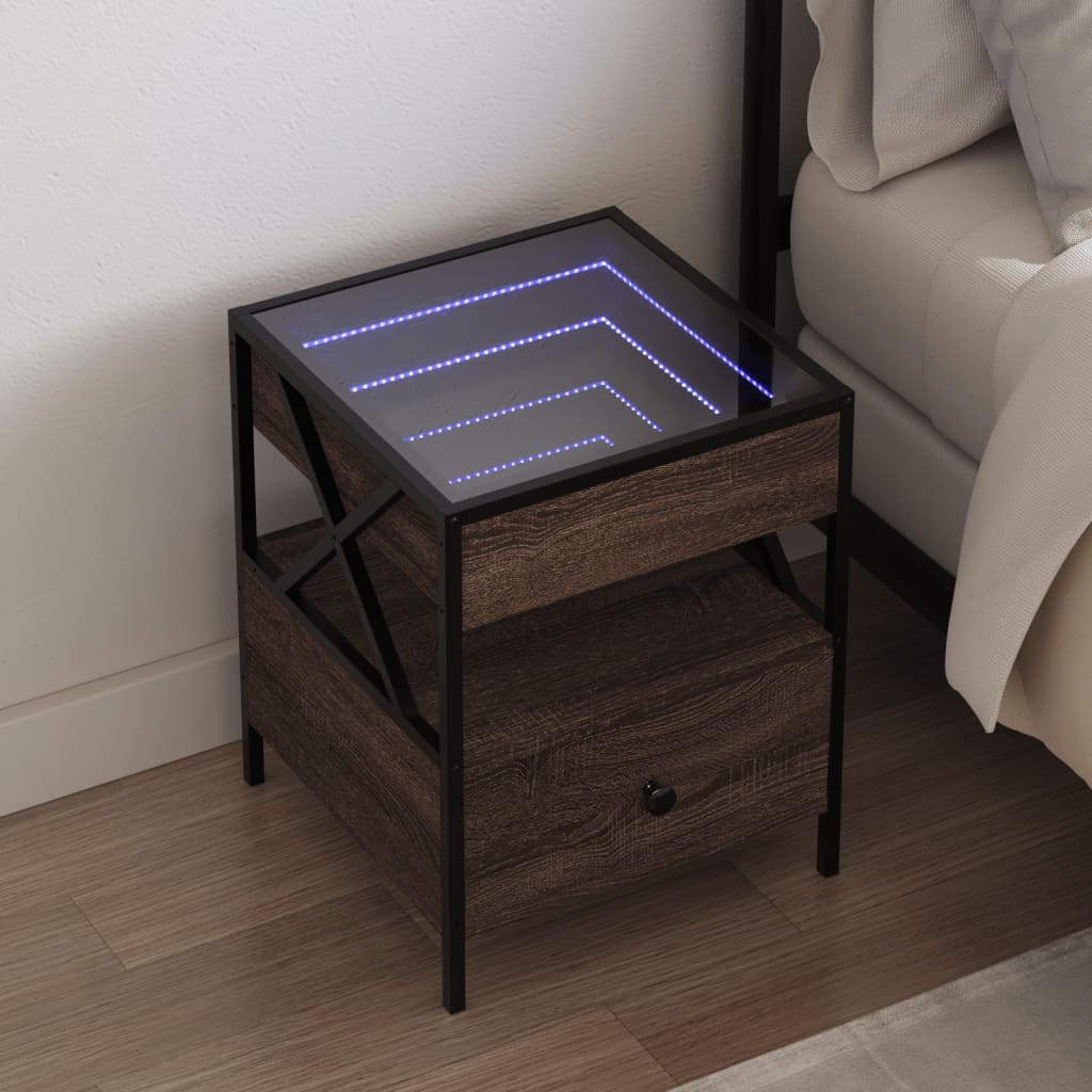 Vetonek Mesita de noche con Infinity LED marrón roble 40x40x51 cm