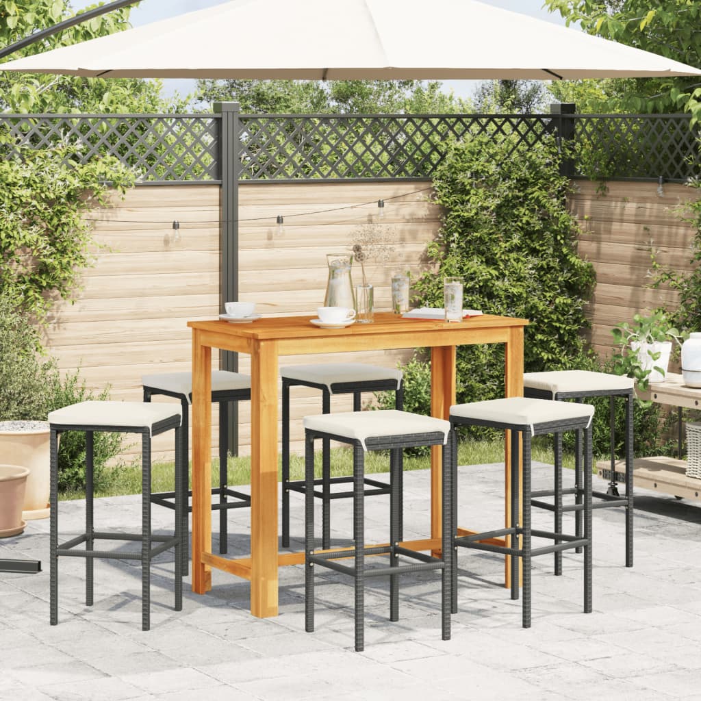 Garden table and stools 7 pcs wood acacia ratán pe black