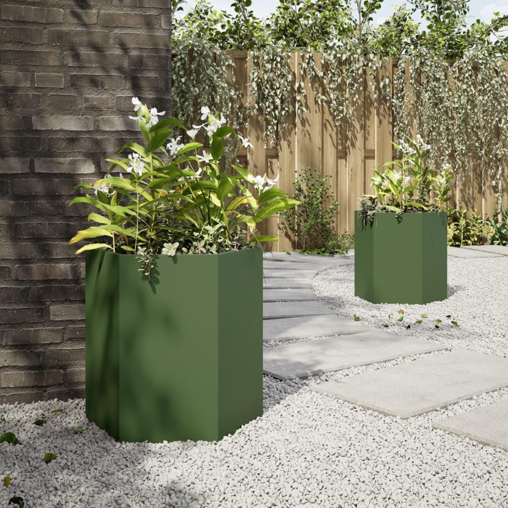 Jardineras hexagonales 2 uds acero verde oliva 46x40x45 cm v5451 Vetonek