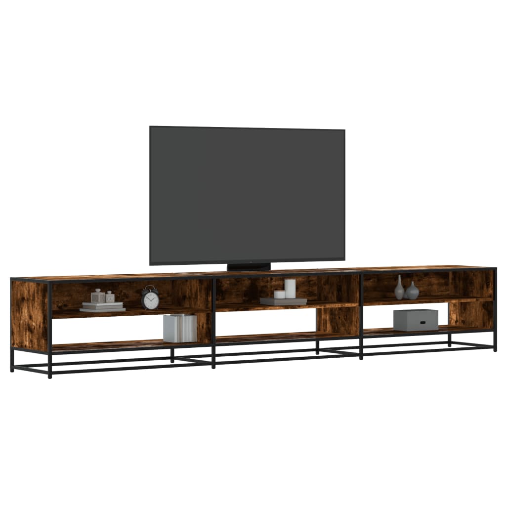 Mueble de TV de madera de ingeniería con estanterías, estructura negra y pantalla, ideal para salón o dormitorio.