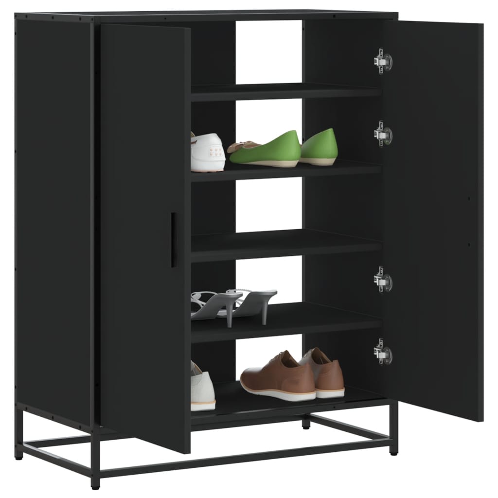 Zapatero de madera de ingeniería y metal negro con puertas, estantes y zapatos organizados en su interior.