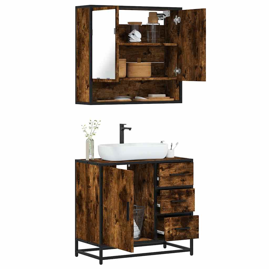 Vetonek Set de muebles baño 2 pzas madera contrachapada roble ahumado