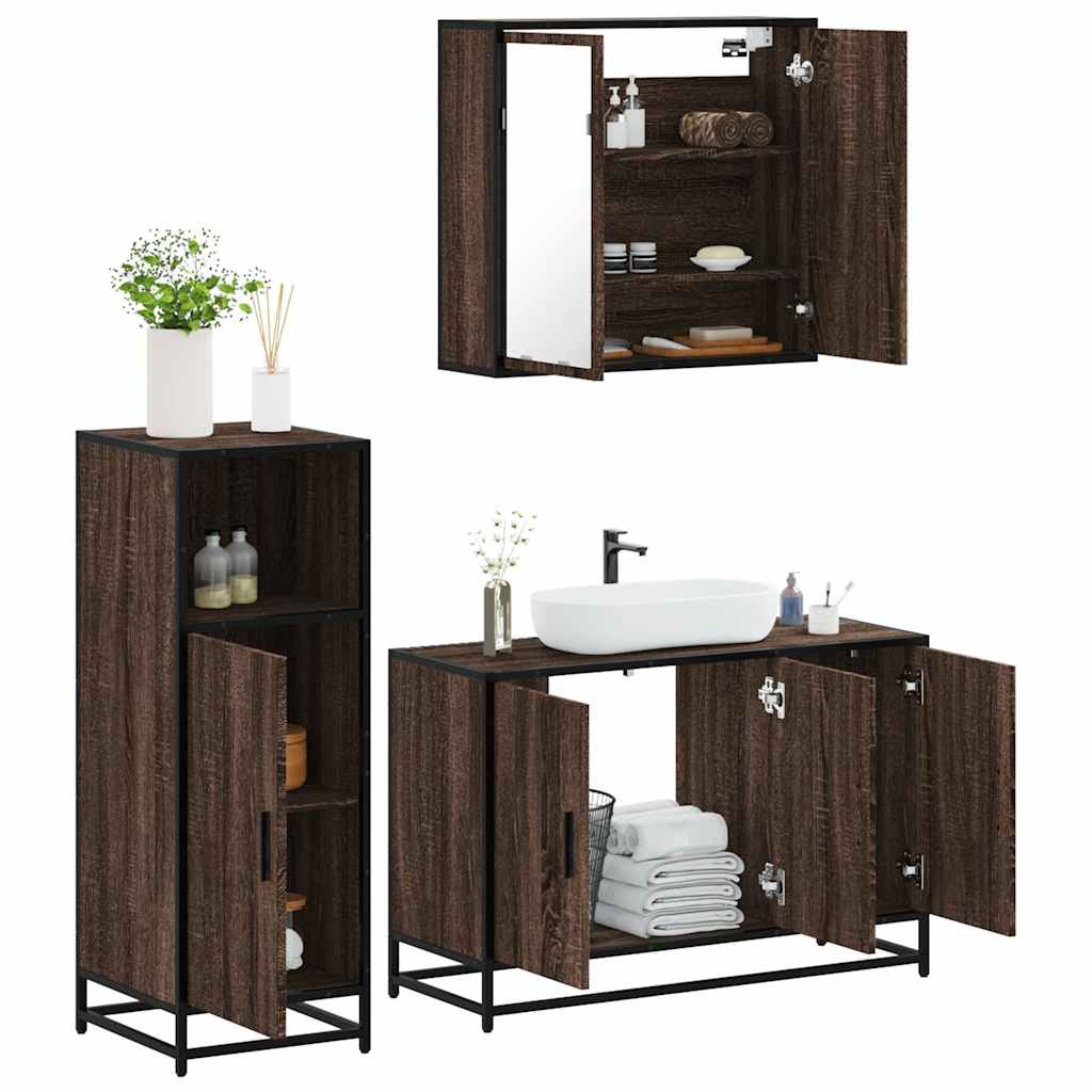 Vetonek Set de muebles baño 3 pzas madera contrachapada roble marrón