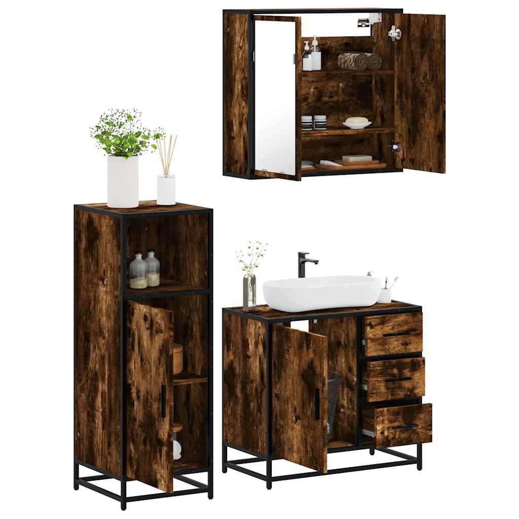 Vetonek Set de muebles baño 3 pzas madera contrachapada roble ahumado