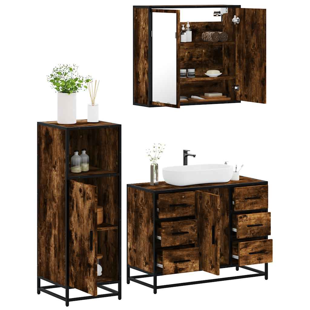 Vetonek Set de muebles baño 3 pzas madera contrachapada roble ahumado