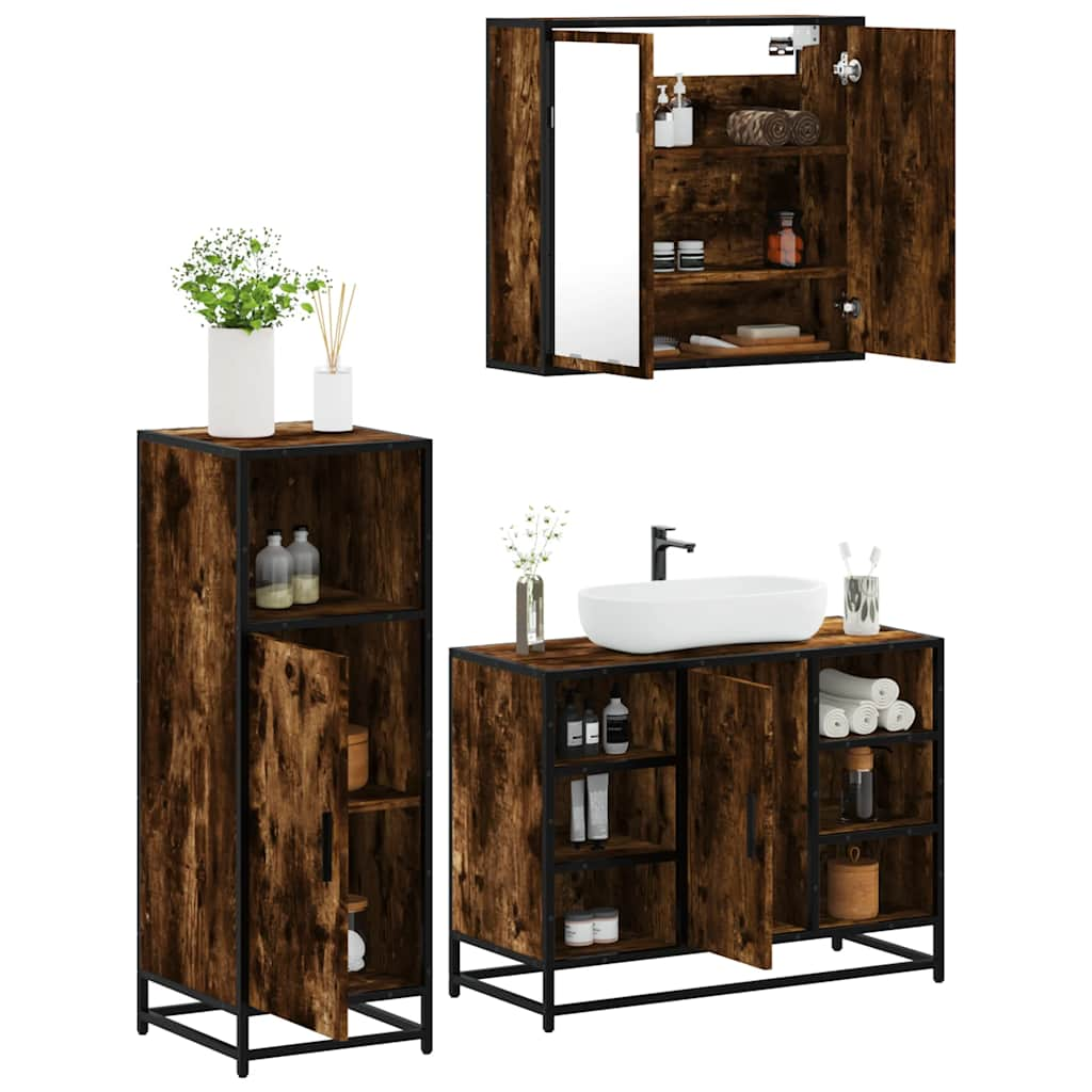 Vetonek Set de muebles baño 3 pzas madera contrachapada roble ahumado