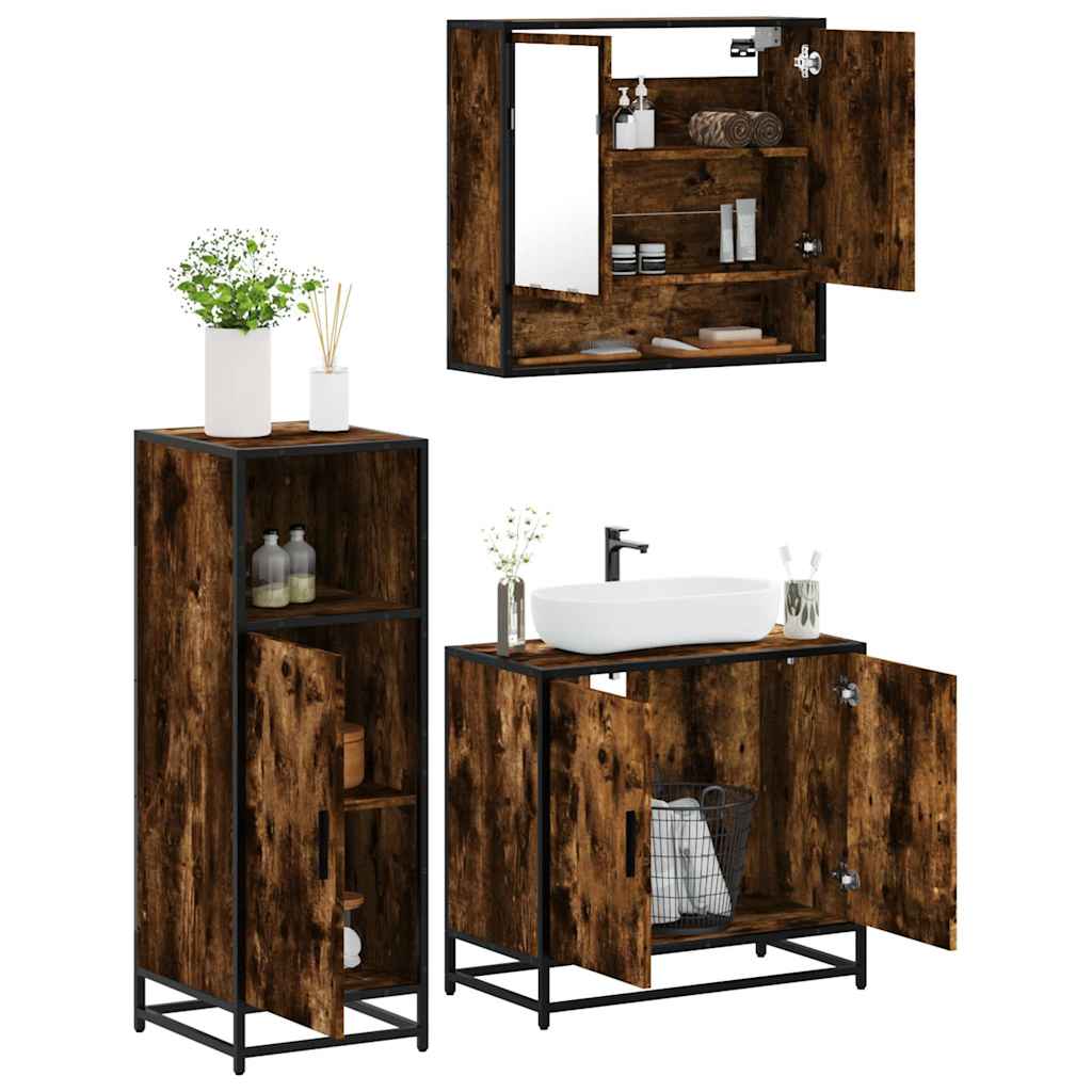 Vetonek Set de muebles baño 3 pzas madera contrachapada roble ahumado