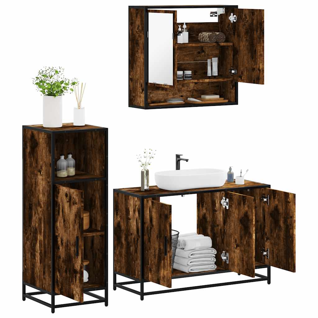 Vetonek Set de muebles baño 3 pzas madera contrachapada roble ahumado