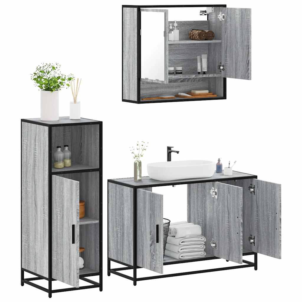 Vetonek Set de muebles de baño 3 pzas madera contrachapada gris sonoma