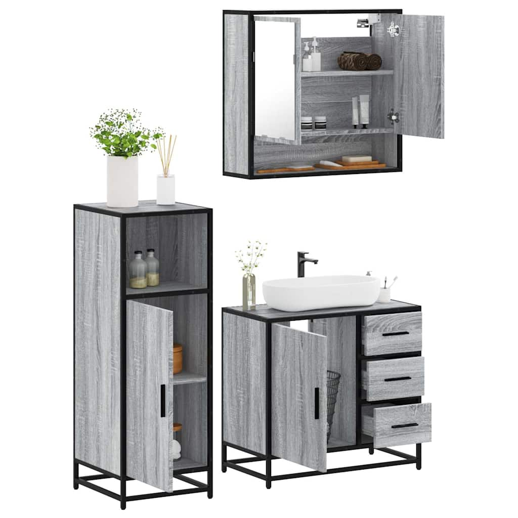 Vetonek Set de muebles de baño 3 pzas madera contrachapada gris sonoma