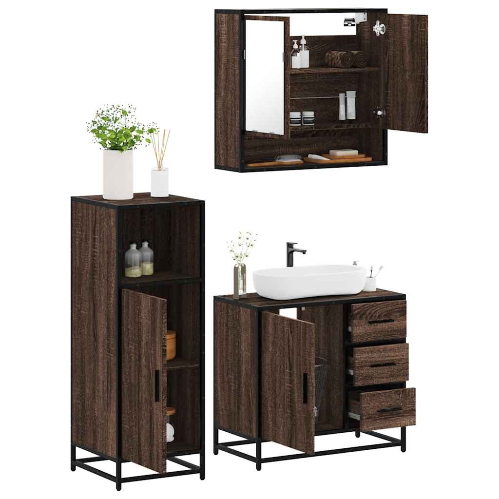 Vetonek Set de muebles baño 3 pzas madera contrachapada roble marrón