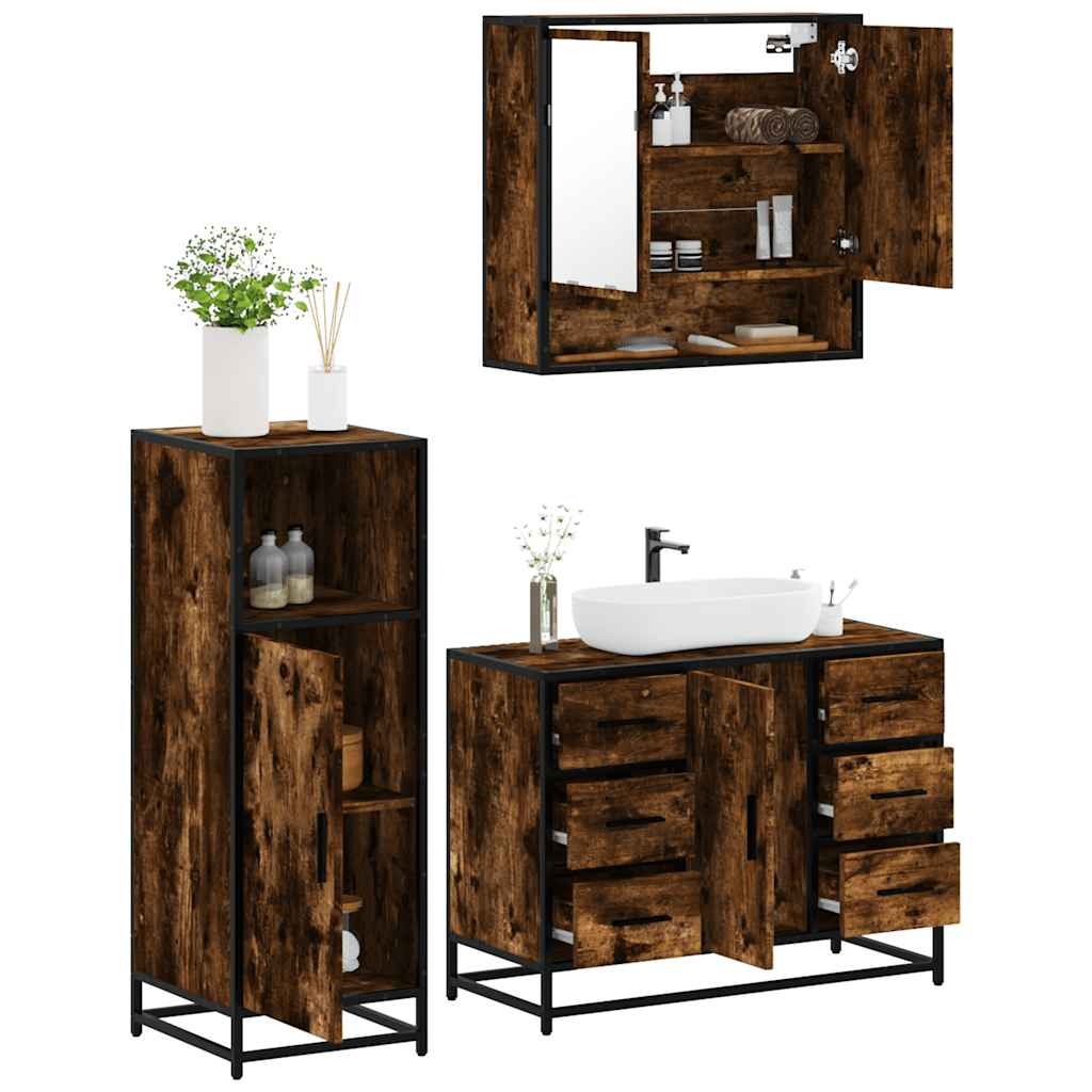 Vetonek Set de muebles baño 3 pzas madera contrachapada roble ahumado