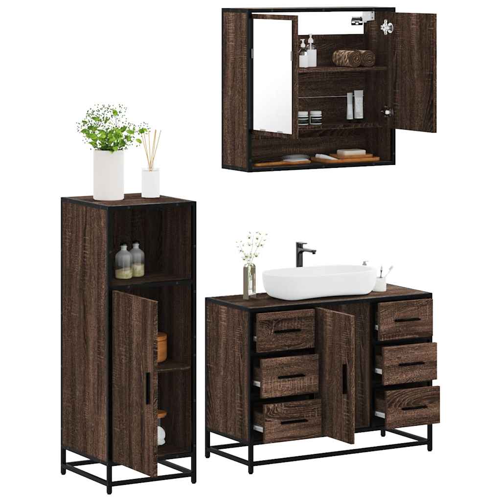 Vetonek Set de muebles baño 3 pzas madera contrachapada roble marrón