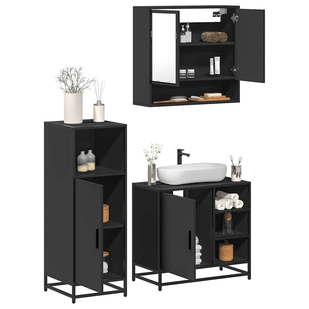 Vetonek Juego de muebles de baño 3 pzas madera contrachapada negro