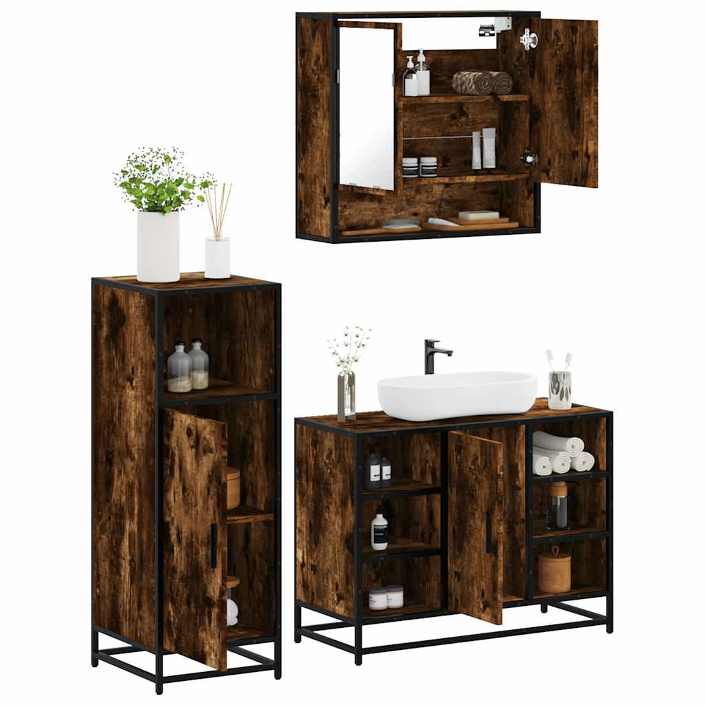 Vetonek Set de muebles baño 3 pzas madera contrachapada roble ahumado