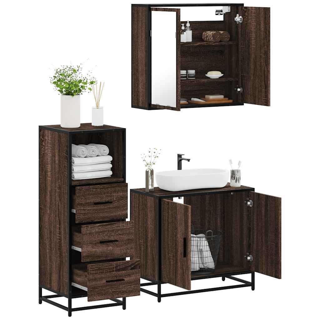 Vetonek Set de muebles baño 3 pzas madera contrachapada roble marrón