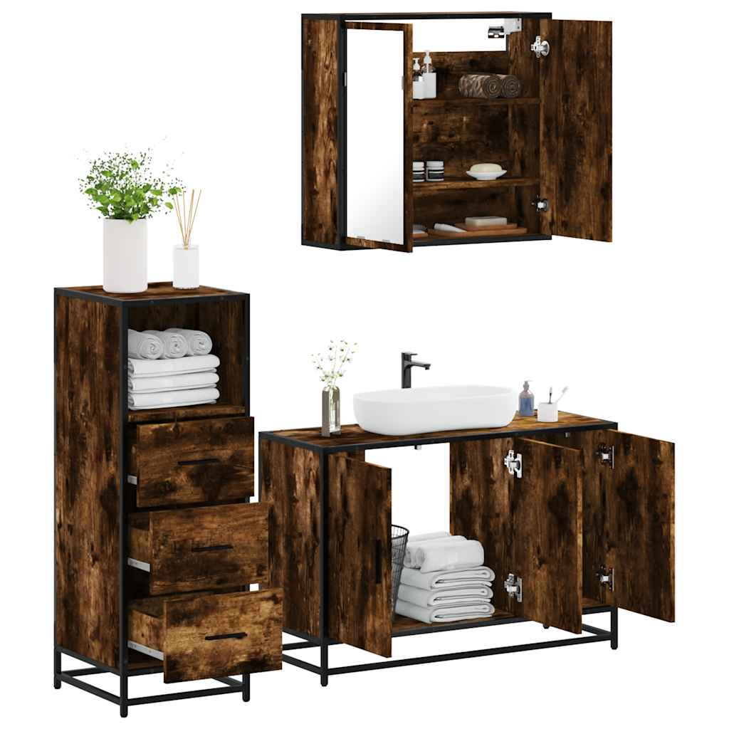 Vetonek Set de muebles baño 3 pzas madera contrachapada roble ahumado