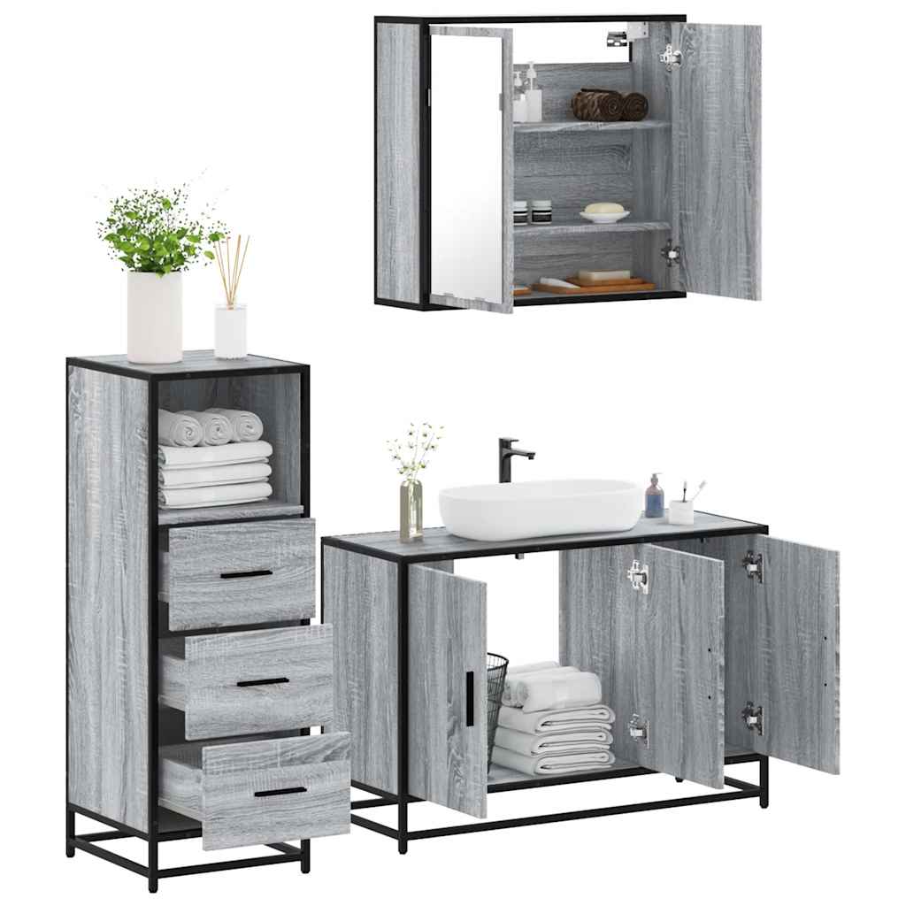 Vetonek Set de muebles de baño 3 pzas madera contrachapada gris sonoma