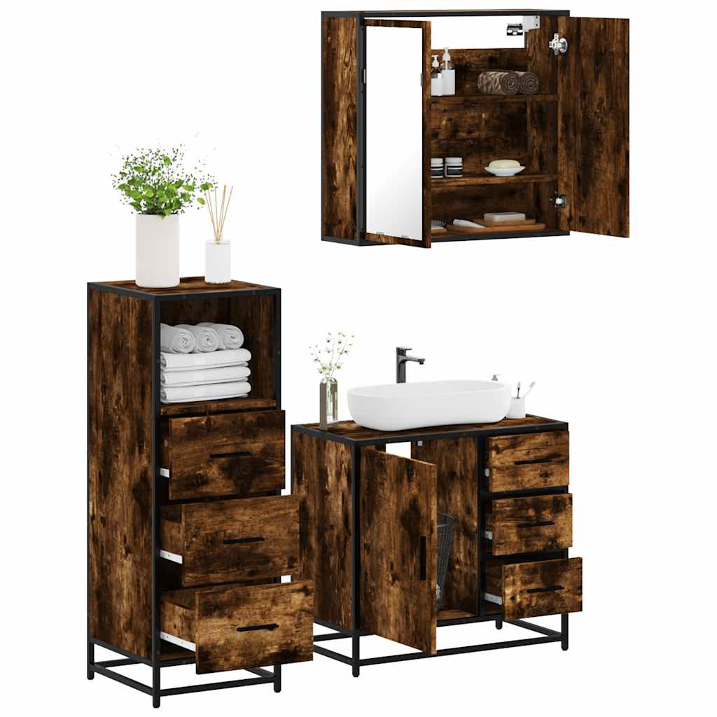 Vetonek Set de muebles baño 3 pzas madera contrachapada roble ahumado