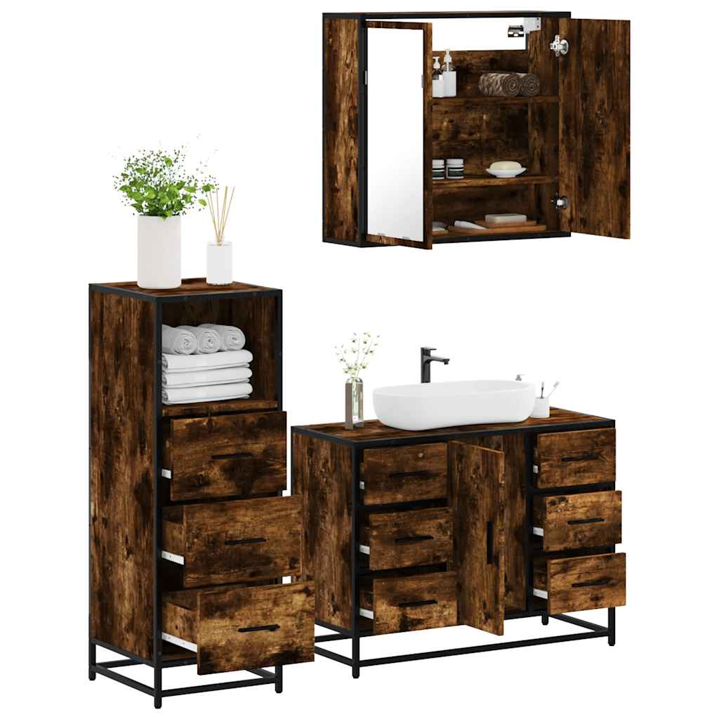 Vetonek Set de muebles baño 3 pzas madera contrachapada roble ahumado