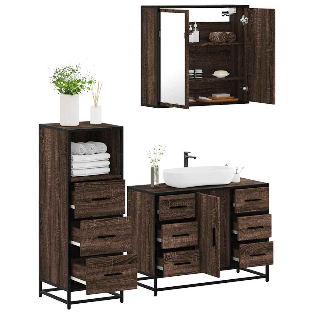 Vetonek Set de muebles baño 3 pzas madera contrachapada roble marrón