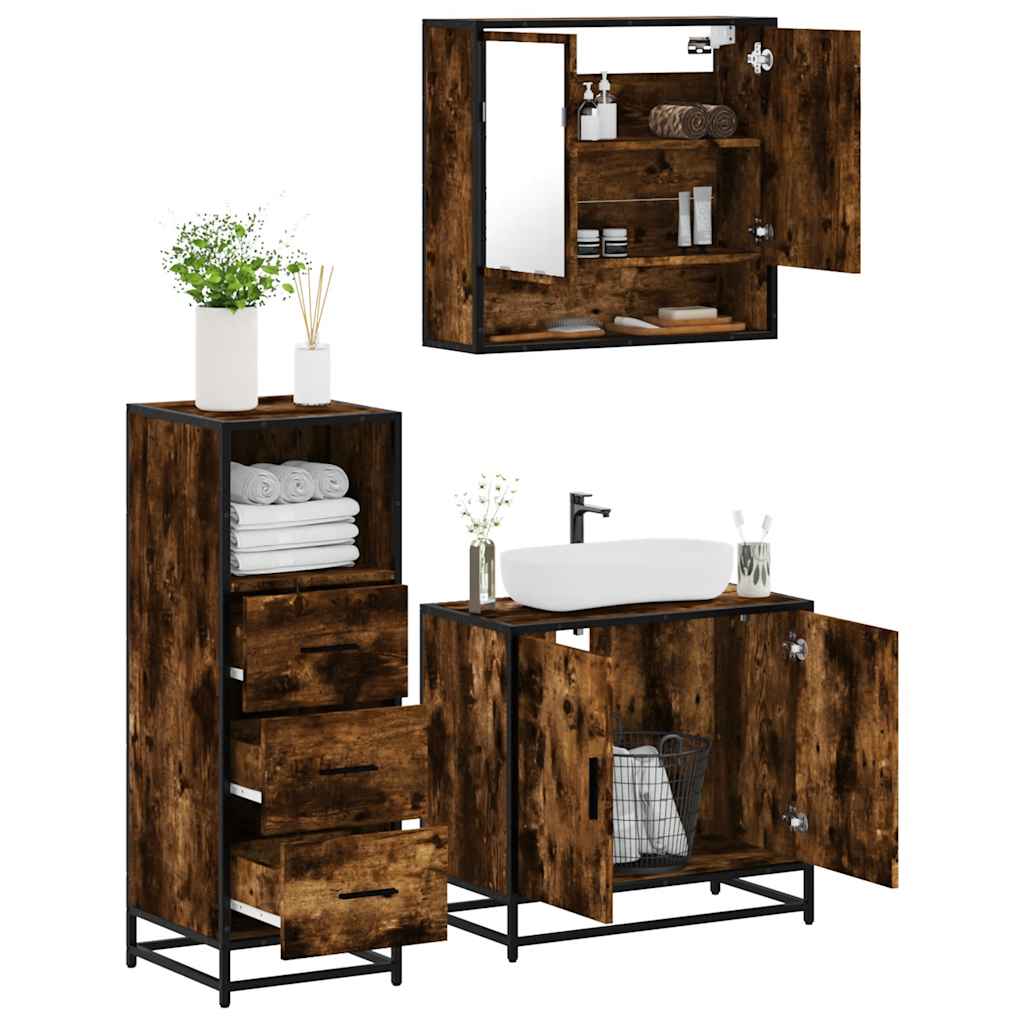 Vetonek Set de muebles baño 3 pzas madera contrachapada roble ahumado