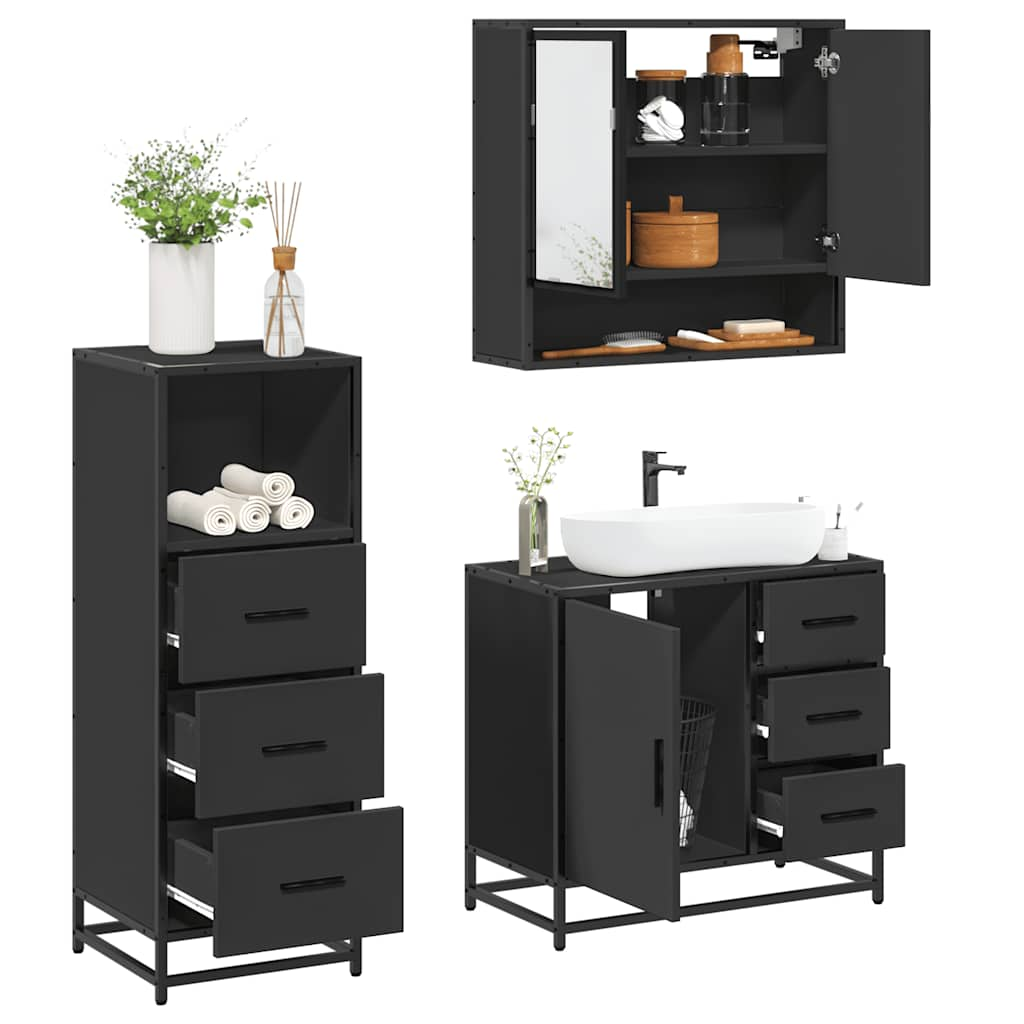 Vetonek Juego de muebles de baño 3 pzas madera contrachapada negro