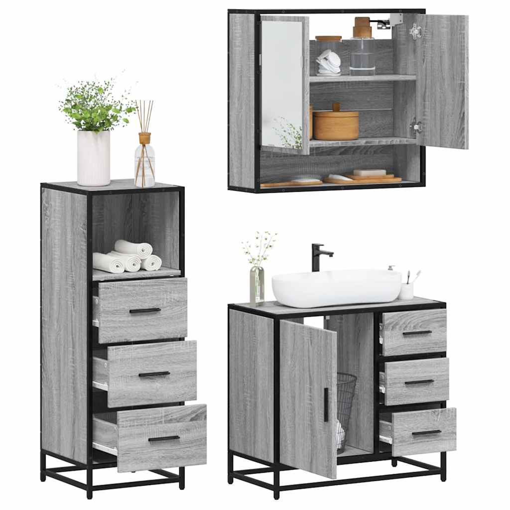 Vetonek Set de muebles de baño 3 pzas madera contrachapada gris sonoma