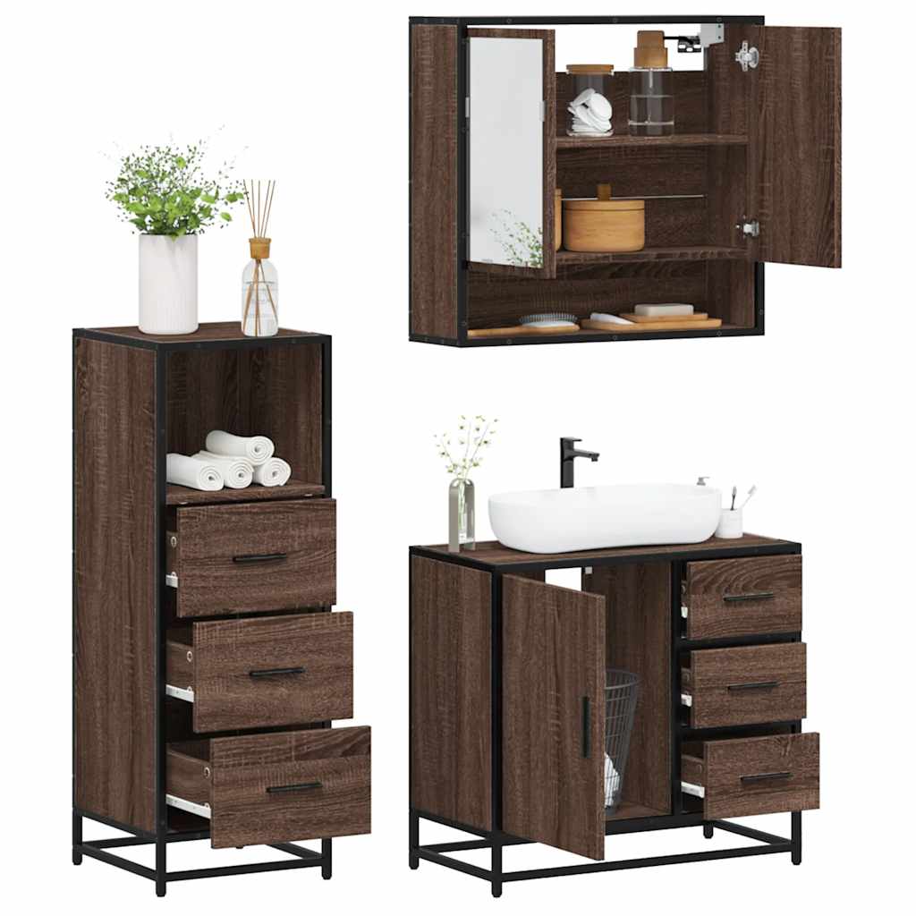 Vetonek Set de muebles baño 3 pzas madera contrachapada roble marrón