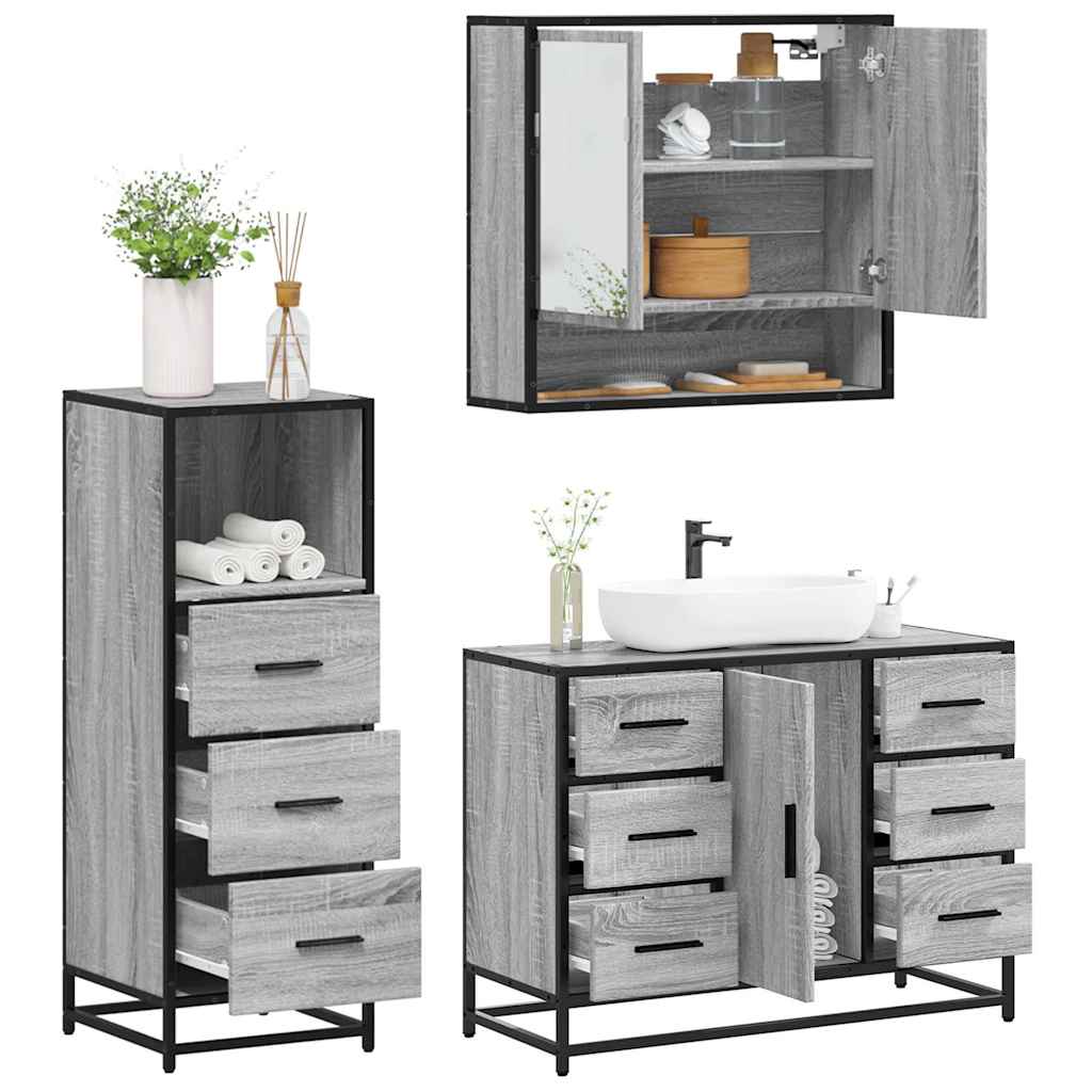 Vetonek Set de muebles de baño 3 pzas madera contrachapada gris sonoma