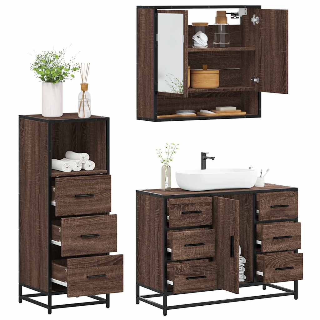 Vetonek Set de muebles baño 3 pzas madera contrachapada roble marrón