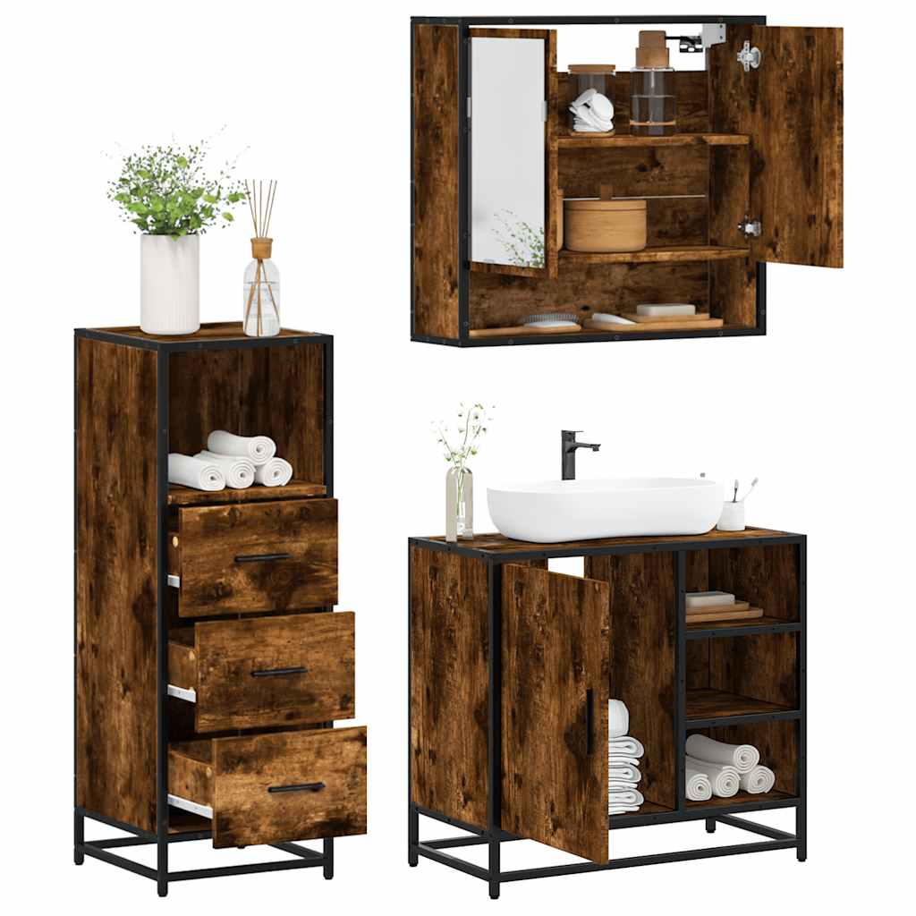 Vetonek Set de muebles baño 3 pzas madera contrachapada roble ahumado