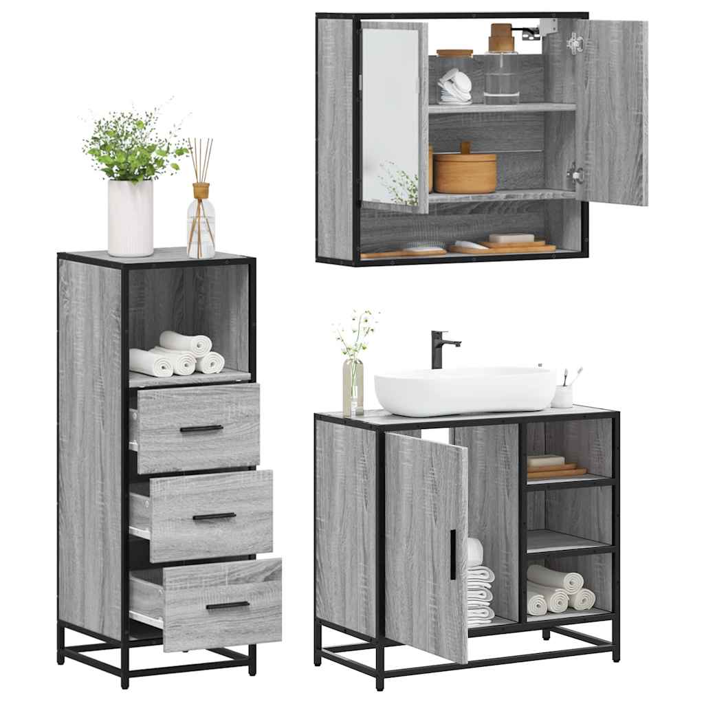 Vetonek Set de muebles de baño 3 pzas madera contrachapada gris sonoma