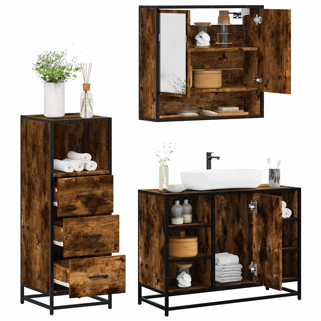 Vetonek Set de muebles baño 3 pzas madera contrachapada roble ahumado