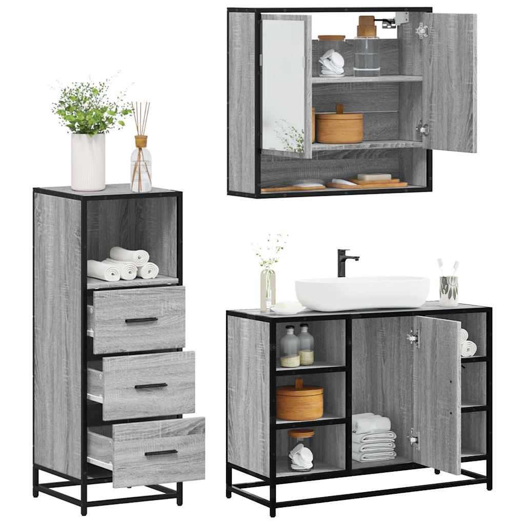 Vetonek Set de muebles de baño 3 pzas madera contrachapada gris sonoma