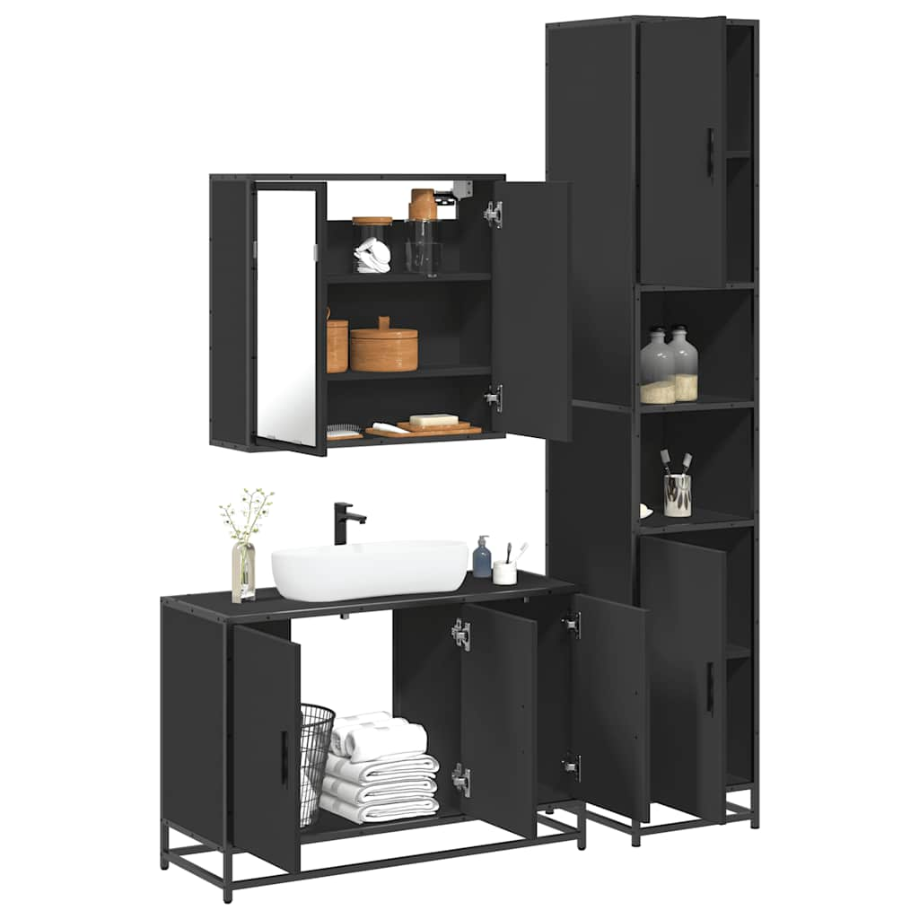 Vetonek Juego de muebles de baño 3 pzas madera contrachapada negro