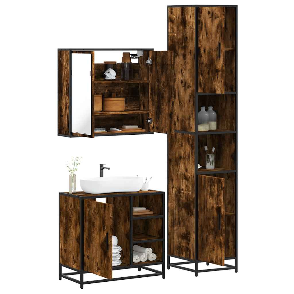 Vetonek Set de muebles baño 3 pzas madera contrachapada roble ahumado