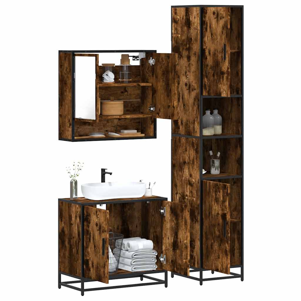 Vetonek Set de muebles baño 3 pzas madera contrachapada roble ahumado