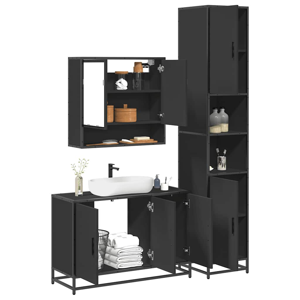 Vetonek Juego de muebles de baño 3 pzas madera contrachapada negro